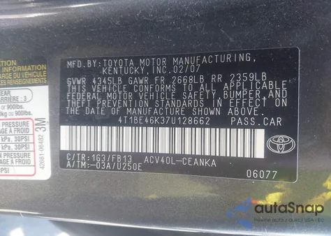 2007 Toyota Camry Le z USA, uszkodzony, nr VIN 4T1BE46K37U128662
